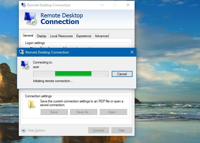 Capture d'écran Connexion Windows Connexion Bureau à distance