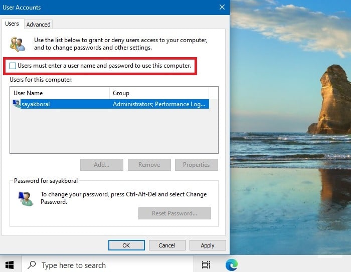 Win10 password disabled for auto login