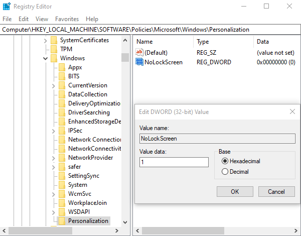 Meilleurs piratages du registre Windows Nolockscreen