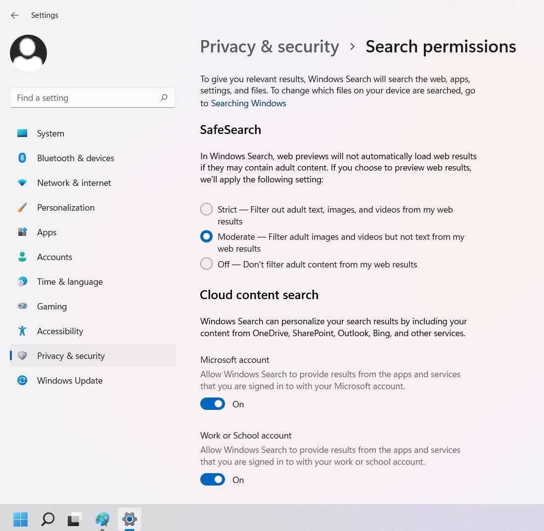 Recherche Windows11 Safesearch et recherche dans le cloud