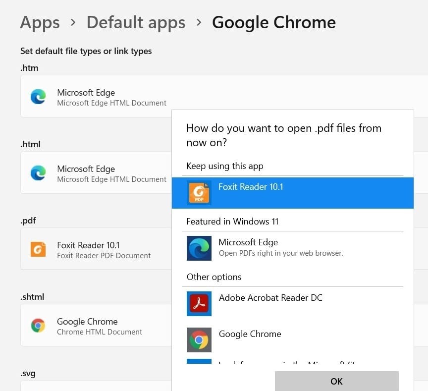 Applications du navigateur par défaut Win11 Autres options Pdf