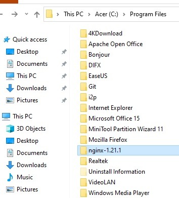 Fichiers de programme Windows Nginx