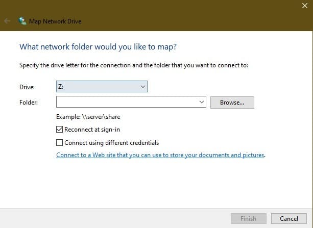 Comment mapper un lecteur Webdav dans Windows 10 Map Network Options
