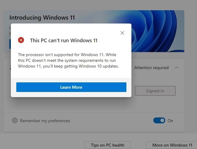 Compatibilité Windows11 Pc Health ne peut pas fonctionner