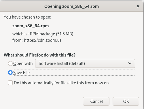 Zoom Fedora Installer Enregistrer le fichier