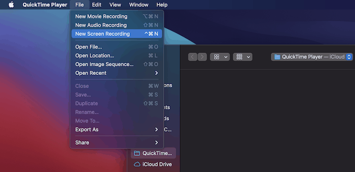 Choisir un nouvel enregistrement d'écran dans QuickTime Player.