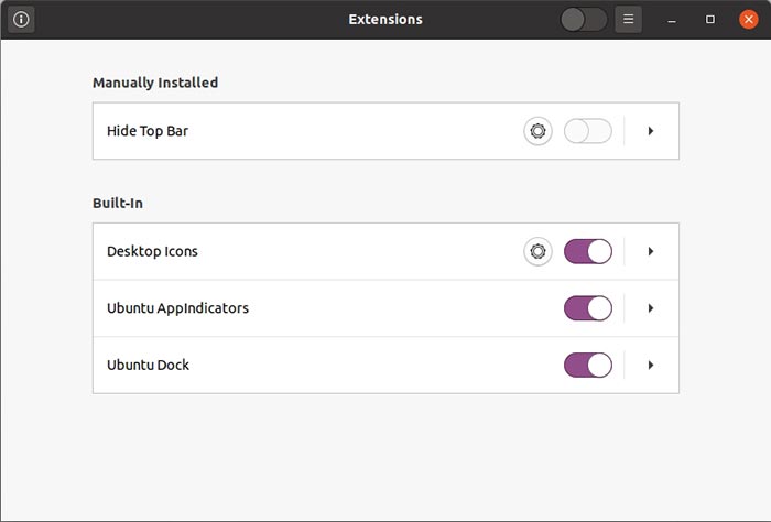 Option d'application d'extensions pour masquer les icônes du bureau dans Ubuntu