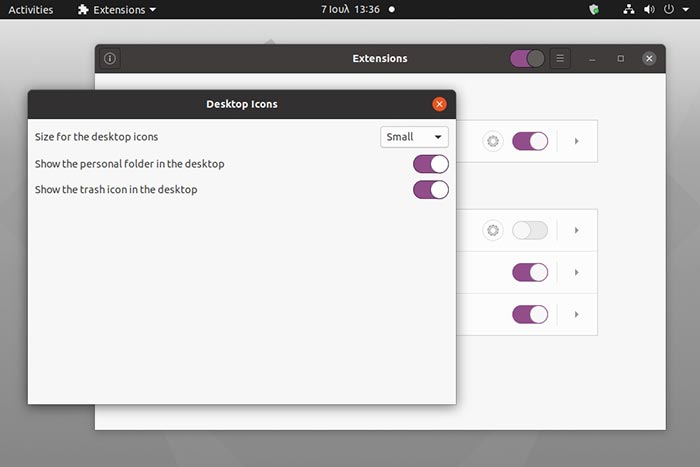 Options supplémentaires dans l'application Extensions pour masquer les icônes dans Ubuntu