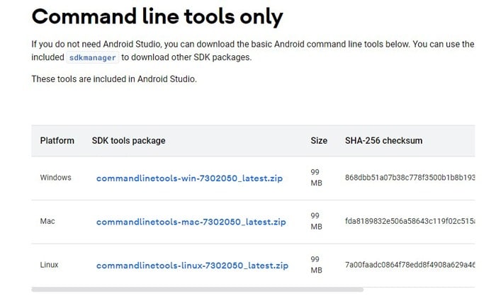 Installer les outils de ligne de commande Android Studio Sdk Windows 10 uniquement