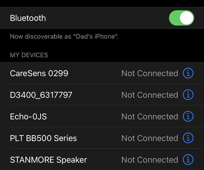 Les paramètres Bluetooth iOS.