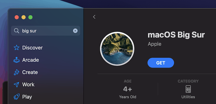 Téléchargement de macOS Big Sur depuis l'App Store.