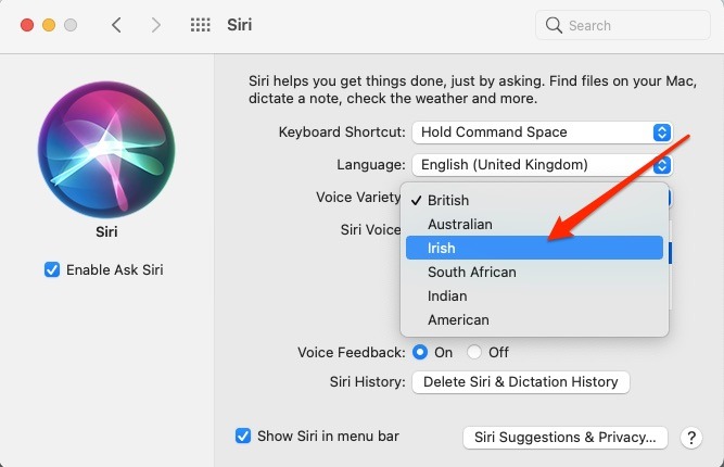 Variété de voix Mac Siri