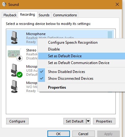 Ext Microphone Windows Enregistrement défini par défaut