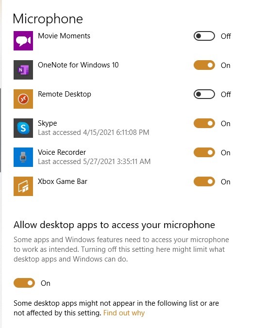 Ext Microphone Applications Windows avec accès