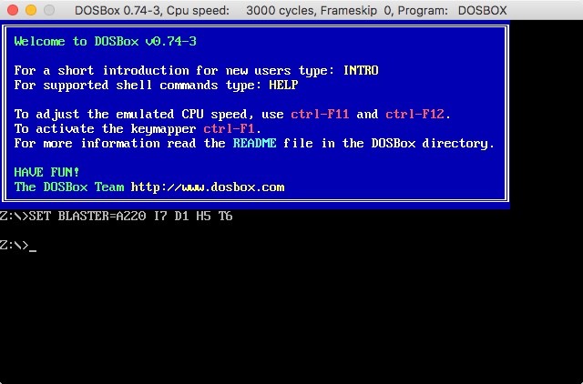 Interface utilisateur de l'écran d'ouverture de Dosbox