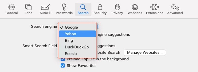 Options du moteur de recherche Safari