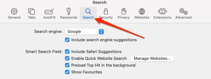 Paramètres de recherche Safari