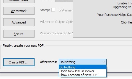 Lorsque vous êtes prêt, appuyez sur « Créer un PDF » en bas de la fenêtre.  Vous pouvez également choisir d'ouvrir le PDF nouvellement créé ou d'afficher l'emplacement du PDF dans le menu déroulant 
