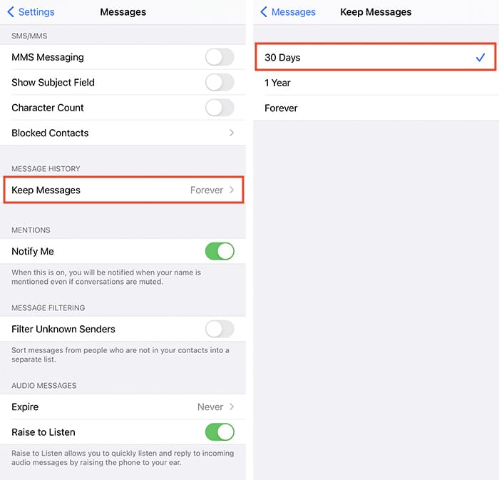 Paramètres de confidentialité iOS Suppression automatique des messages