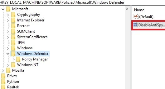 Paramétrer l'administrateur Windows Defender pour désactiver l'antispyware