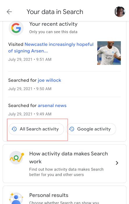 Application Google Android Toutes les activités de recherche