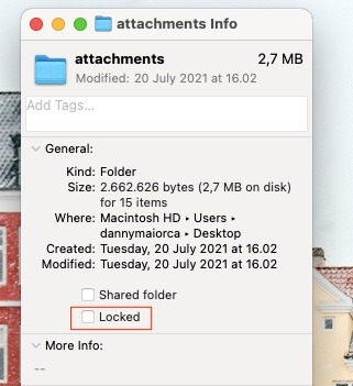 Capture d'écran montrant la section verrouillée sur les informations de fichier sur Mac