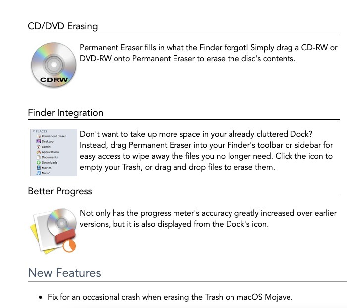 Capture d'écran montrant une sélection de fonctionnalités sur Permanent Eraser - capture d'écran à partir de la page d'accueil