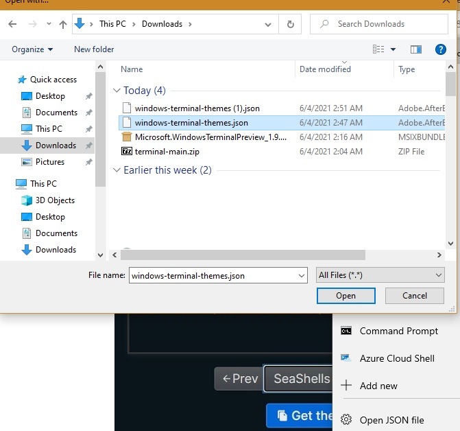 Paramètres du terminal Windows Télécharger le fichier Json