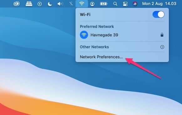 Capture d'écran montrant où choisir les préférences de réseau Wi-Fi sur Mac