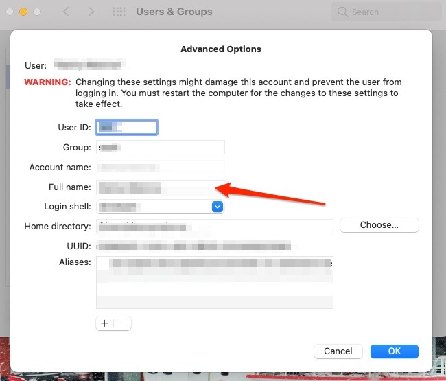Capture d'écran montrant où changer le nom d'administrateur sur Mac