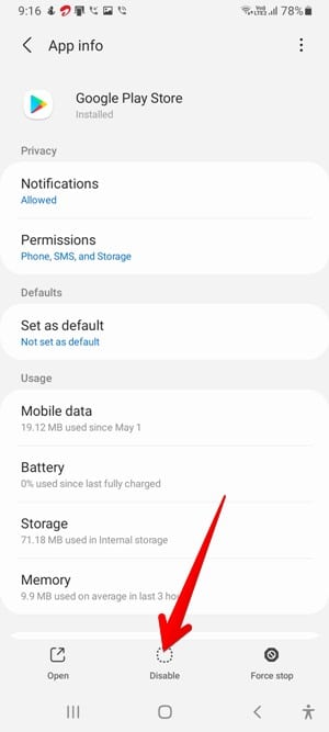 Désactiver l'application Google Play Store