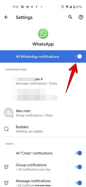 Les notifications Android désactivent Whatsapp