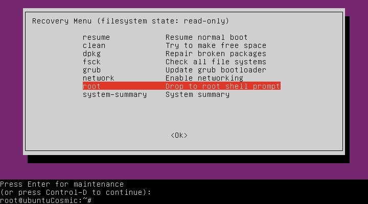 Boot Root Shell Récupération Ubuntu