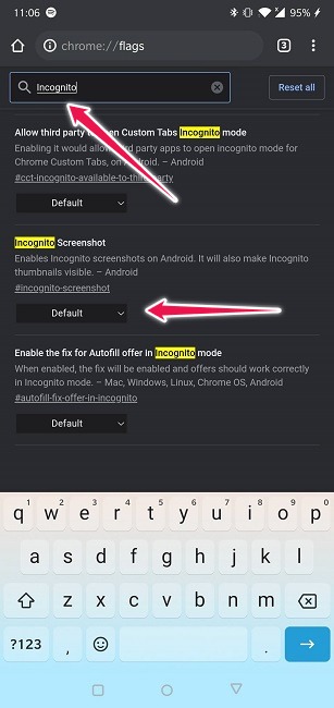 Prendre des captures d'écran en mode navigation privée Android Chrome Activer le drapeau