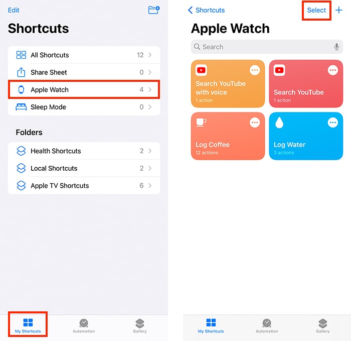 Siri raccourcis la section Apple Watch dans l'application de raccourci sur Iphone