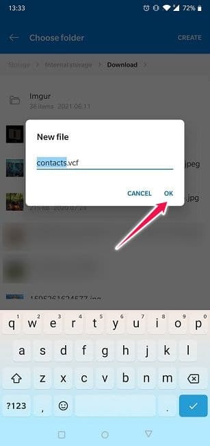 Importer des contacts d'exportation sur Android Créer un fichier d'exportation