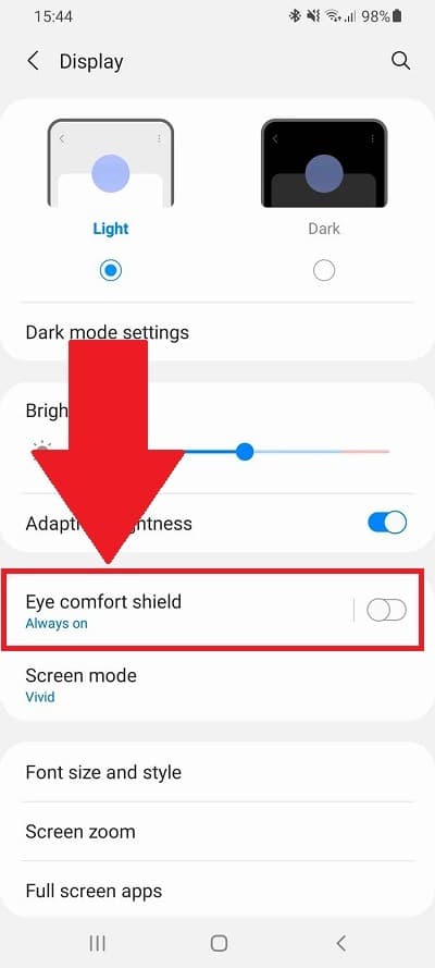 Paramètres d'affichage Android Blue Light