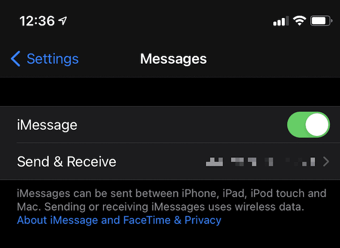Le lien Envoyer et recevoir dans iOS.