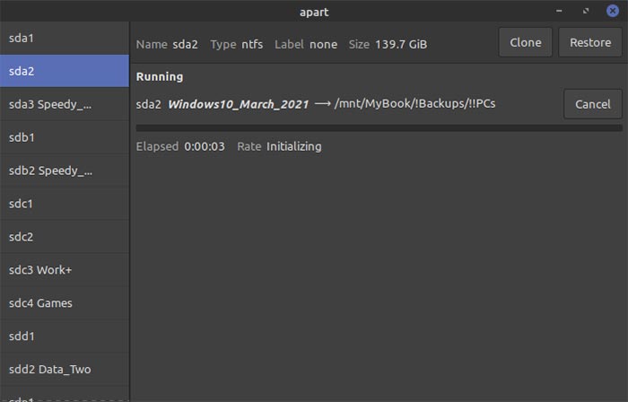 Sauvegarder les partitions dans Ubuntu avec l'exécution de la sauvegarde Apart Gtk