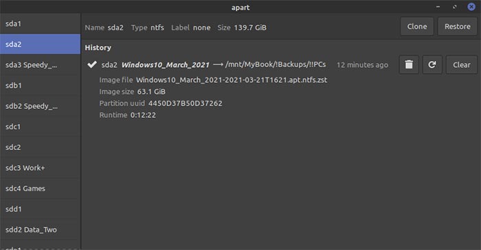 Sauvegarder les partitions dans Ubuntu avec la sauvegarde Apart Gtk terminée