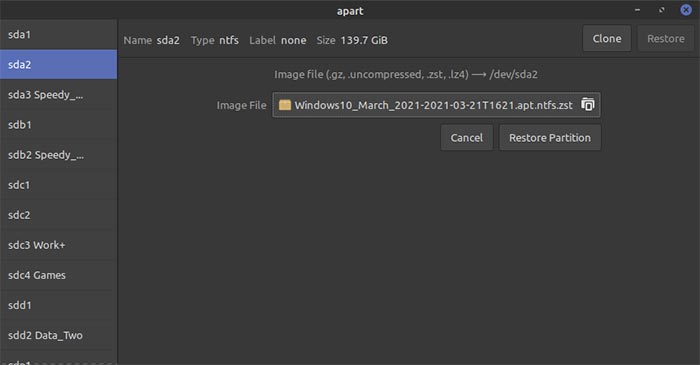 Sauvegarder les partitions dans Ubuntu avec l'image de restauration Gtk à part