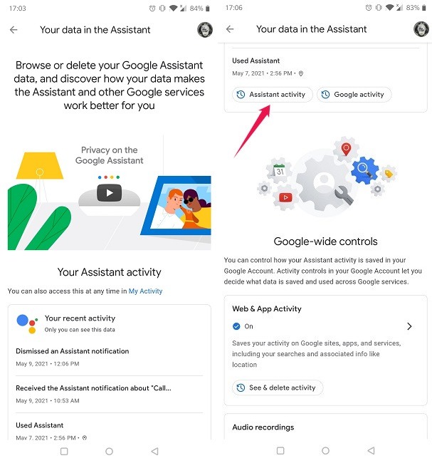 Effacer les commandes vocales de l'assistant Google Afficher l'activité de l'assistant