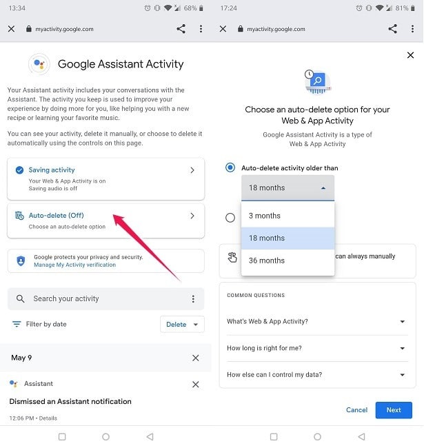 Effacer les commandes vocales de l'assistant Google Activer la suppression automatique