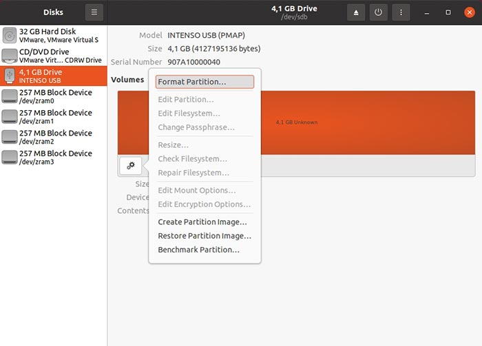 Réparer l'usb dans la partition de formatage des disques Linux