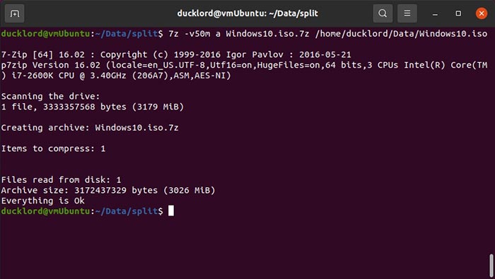 Compresser les fichiers fractionnés dans Ubuntu 7z Compression terminée