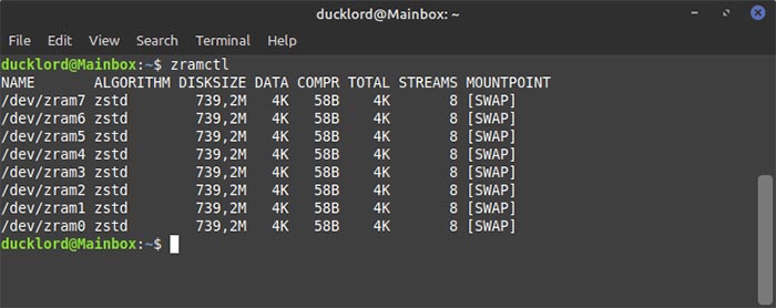 Configurer Zram sur Ubuntu Zramctl Vérifier à nouveau les échanges