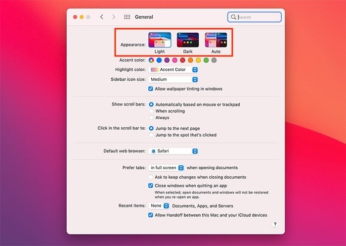 Apparence des préférences système du mode sombre de Macos