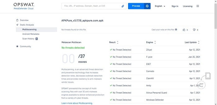 Comment analyser les fichiers Apk à la recherche de virus Metadefender