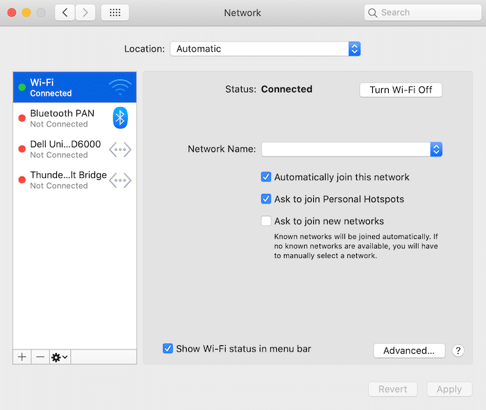 Dans votre Mac "Réseau" paramètres, sélectionnez votre connexion active. 