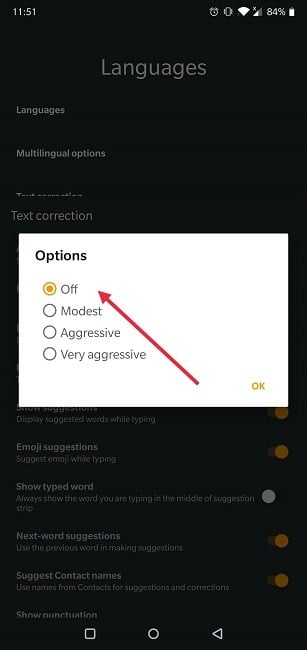 Comment désactiver la correction automatique Android Chrooma Correction automatique désactivée